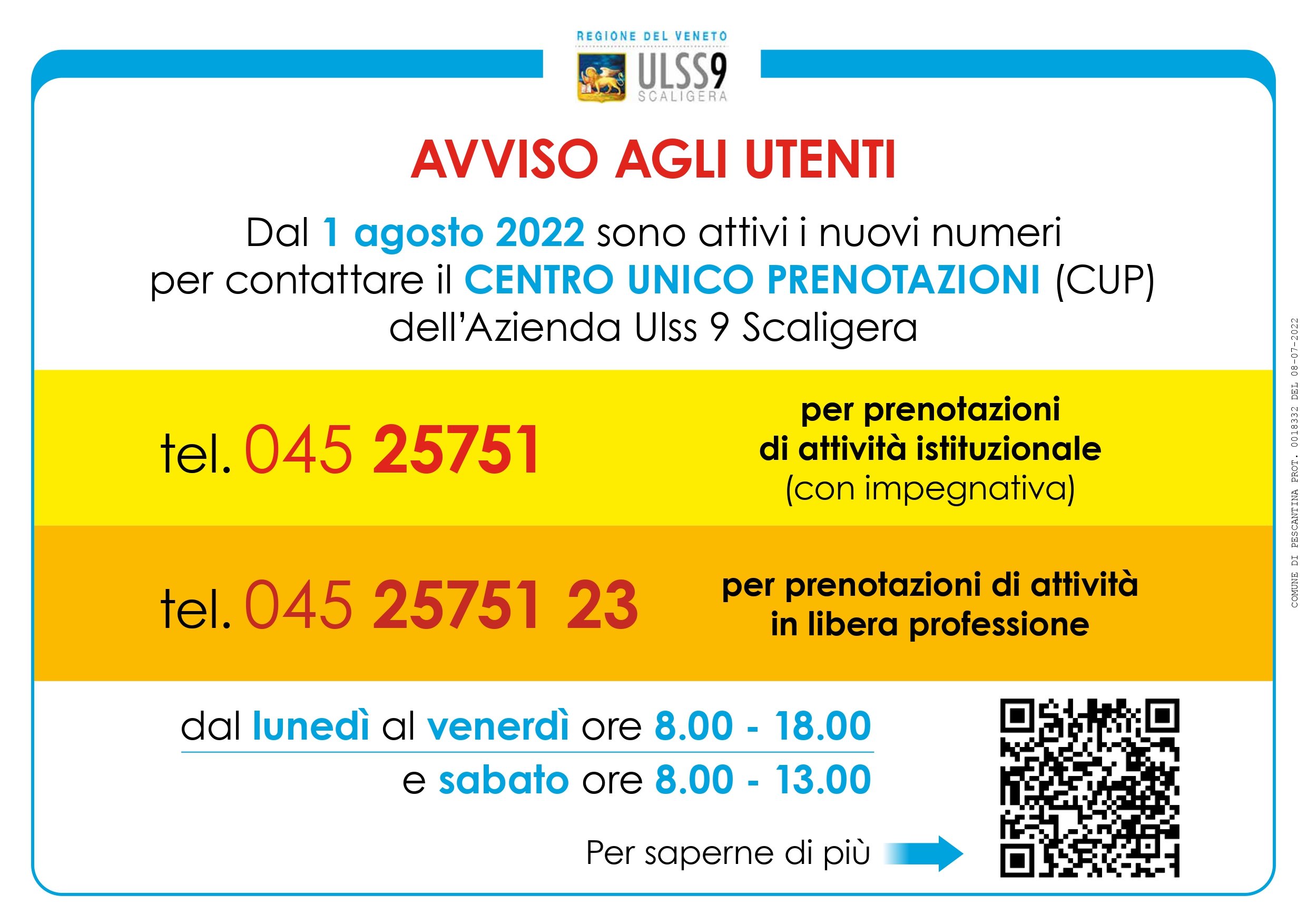 Avviso - Nuovi Numeri Centro Unico Prenotazioni (CUP)  ULSS9 Scaligera