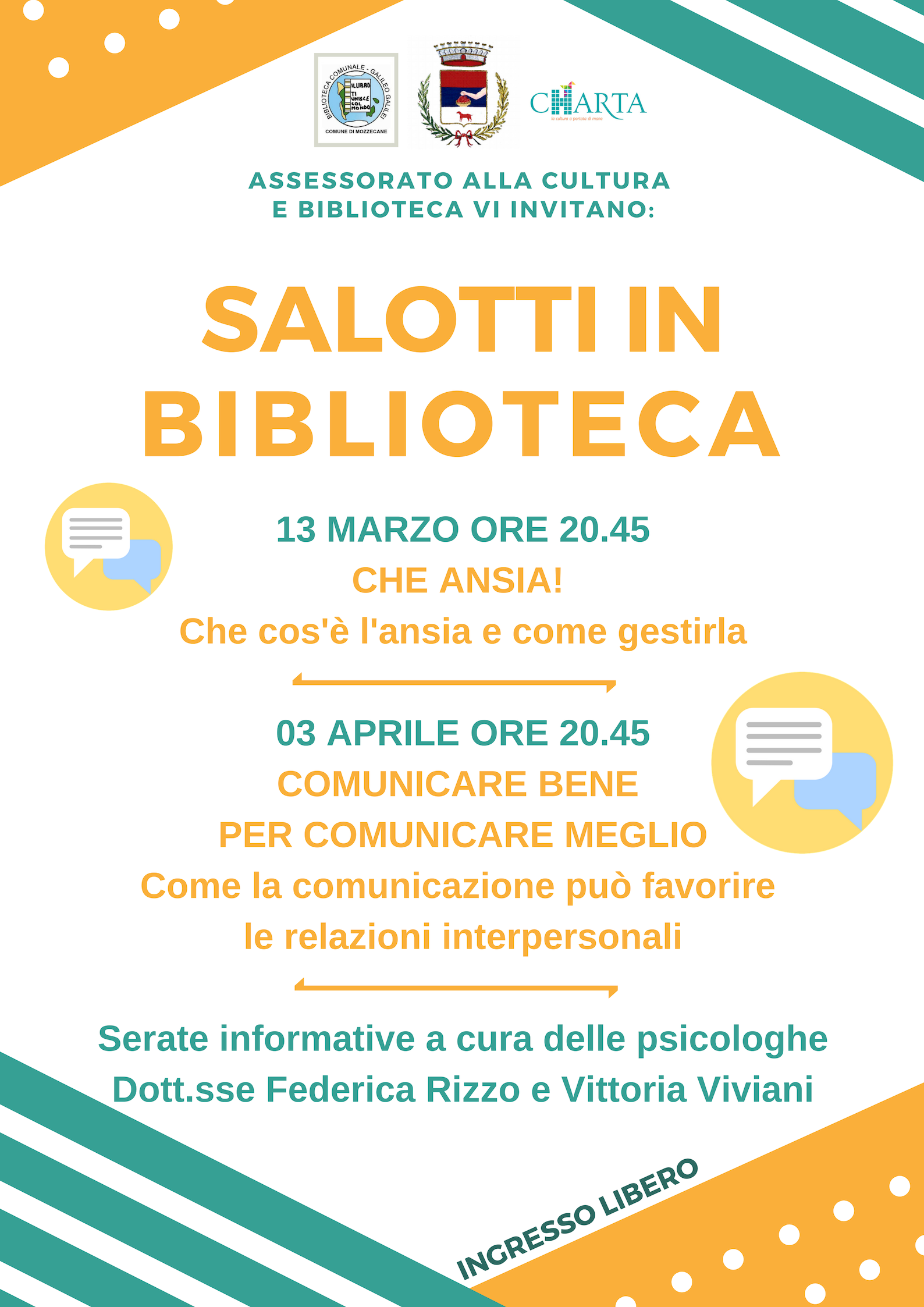 SALOTTI IN BIBLIOTECA: due serate informative con le psicologhe Dott.sse Federica Rizzo e Vittoria Viviani